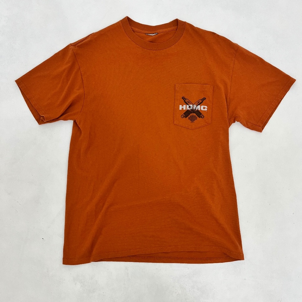 Harley Davidson Men Crew Neck T-Shirt Burnt Orange Short Sleeve Graphic Pocket